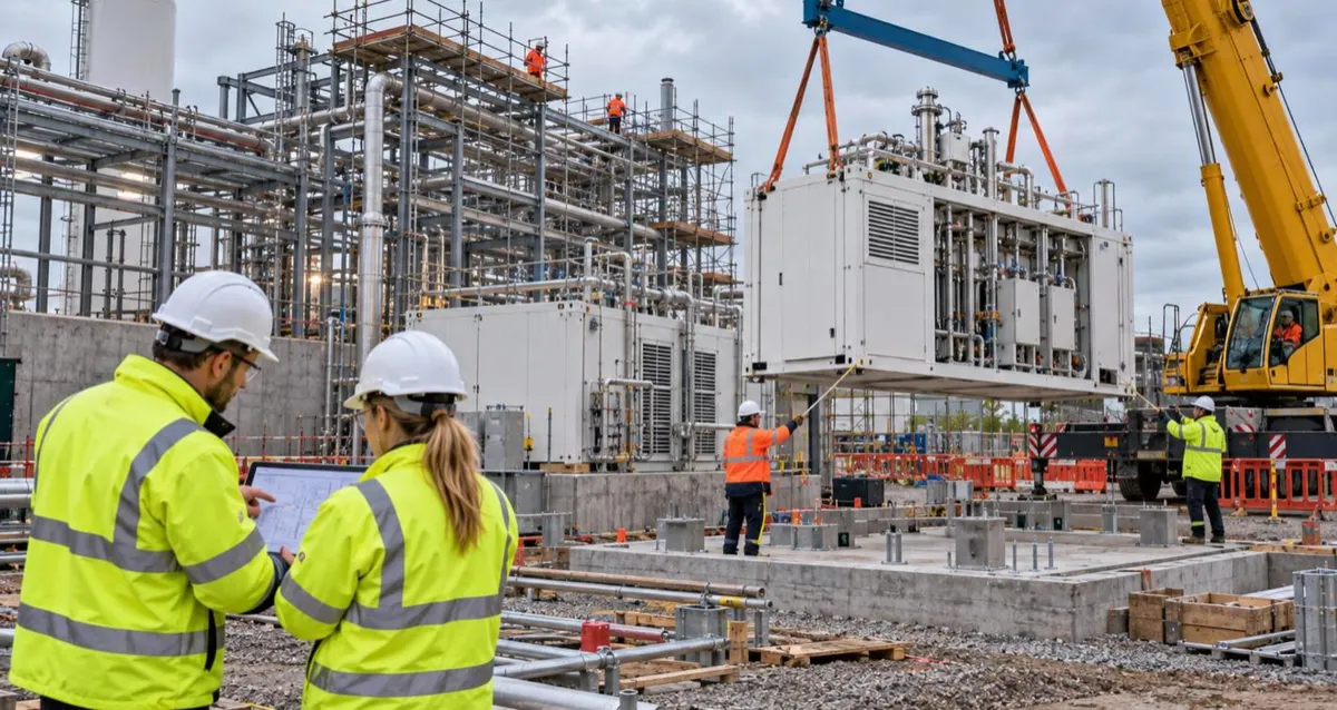 Crane lifting an electrolyser unit onto its base at a UK hydrogen project construction site