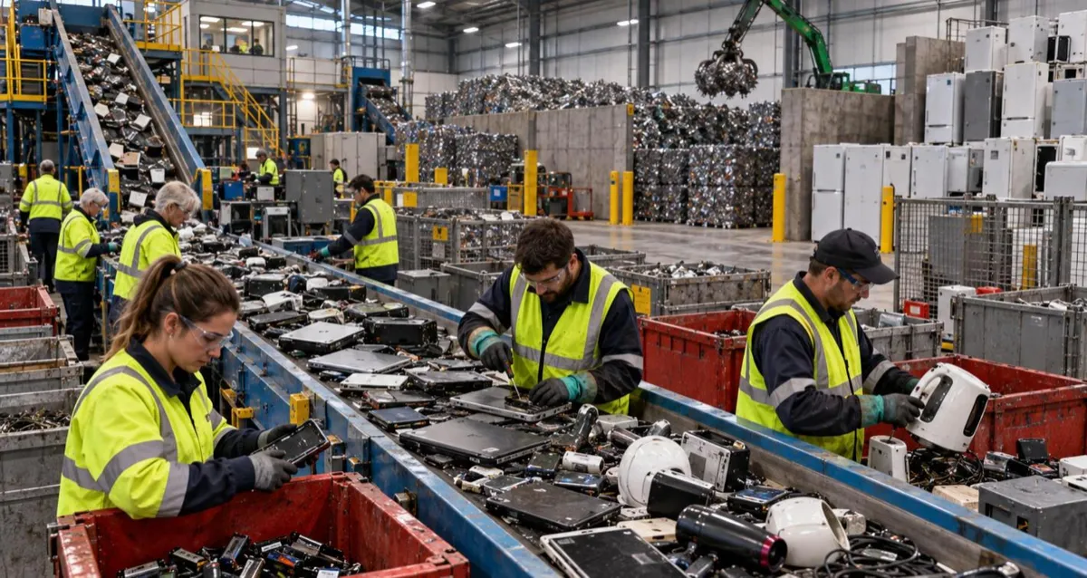 Workers removing batteries from old electricals on a WEEE recycling picking line in a UK plant