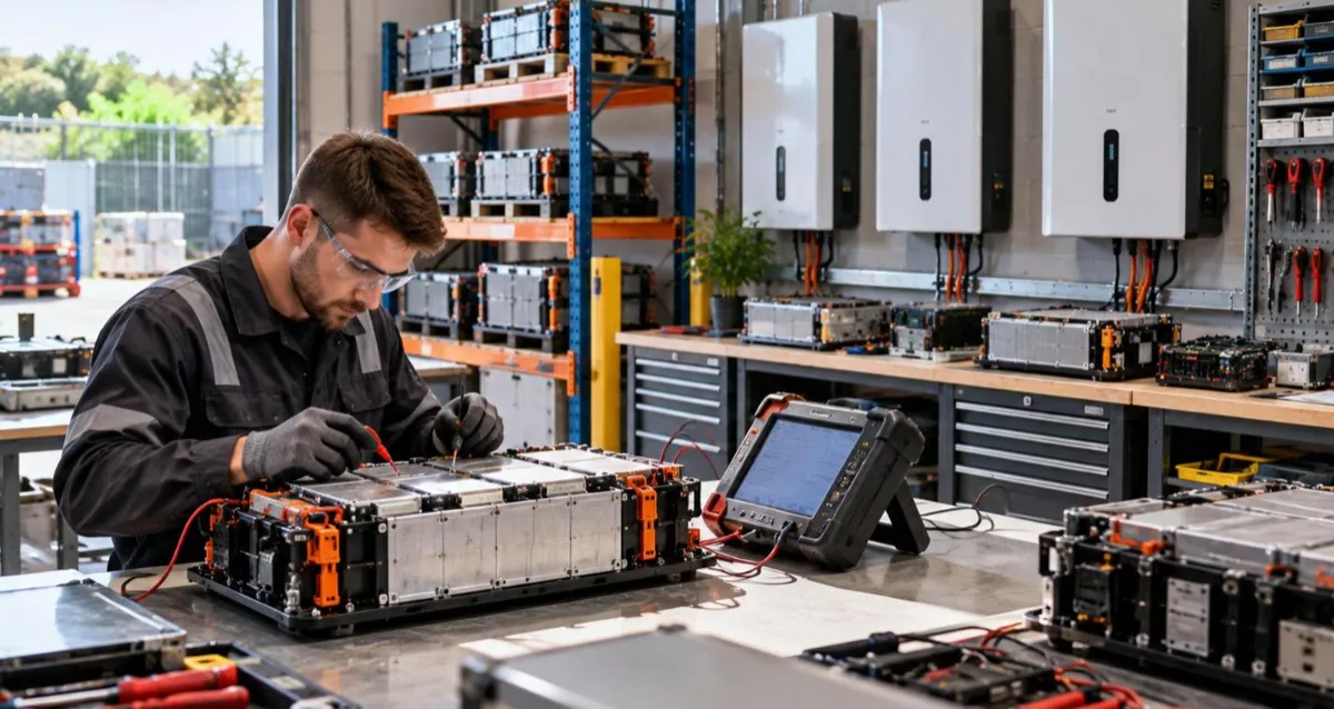 Technician testing a used EV battery module for second-life repurposing in a UK workshop