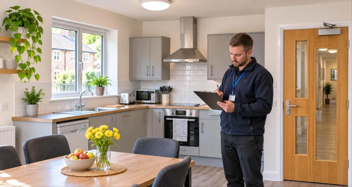 Housing officer checking the shared kitchen and fire door in a supported housing property