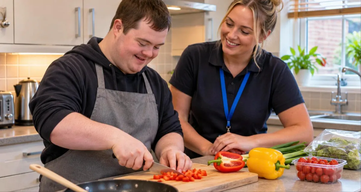 Support worker helping a resident prepare a meal in a supported living flat