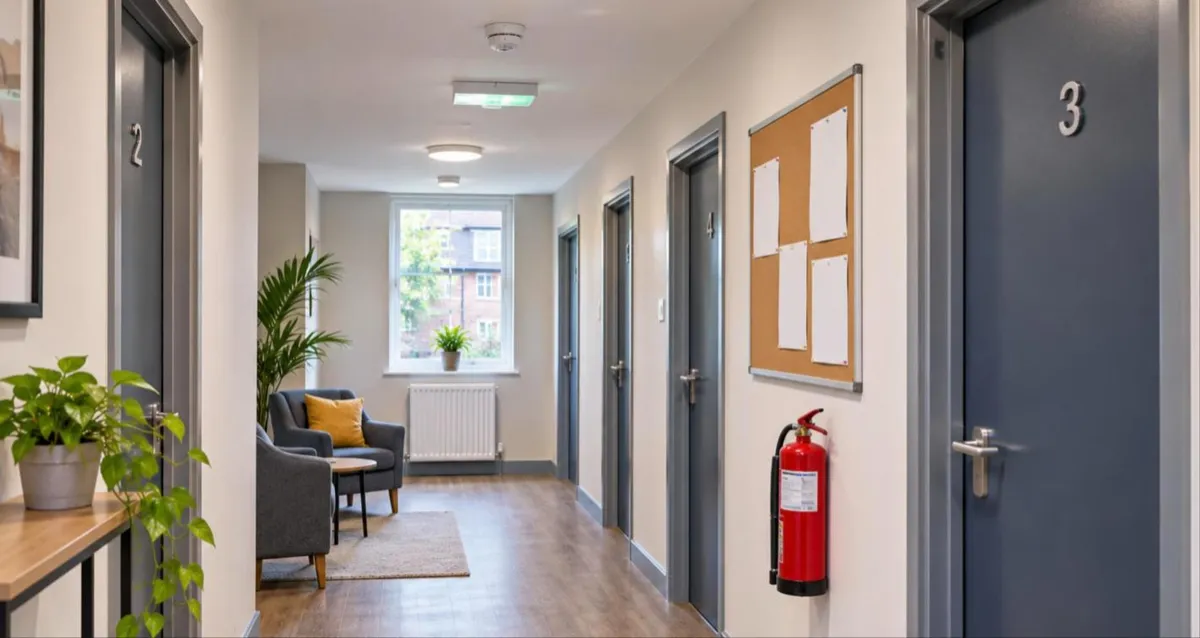 Hallway of a move-on hostel with room doors, fire extinguisher and emergency lighting