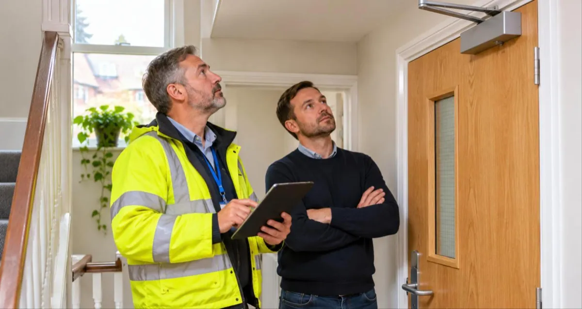 Council inspector and landlord checking a fire door closer in a shared house