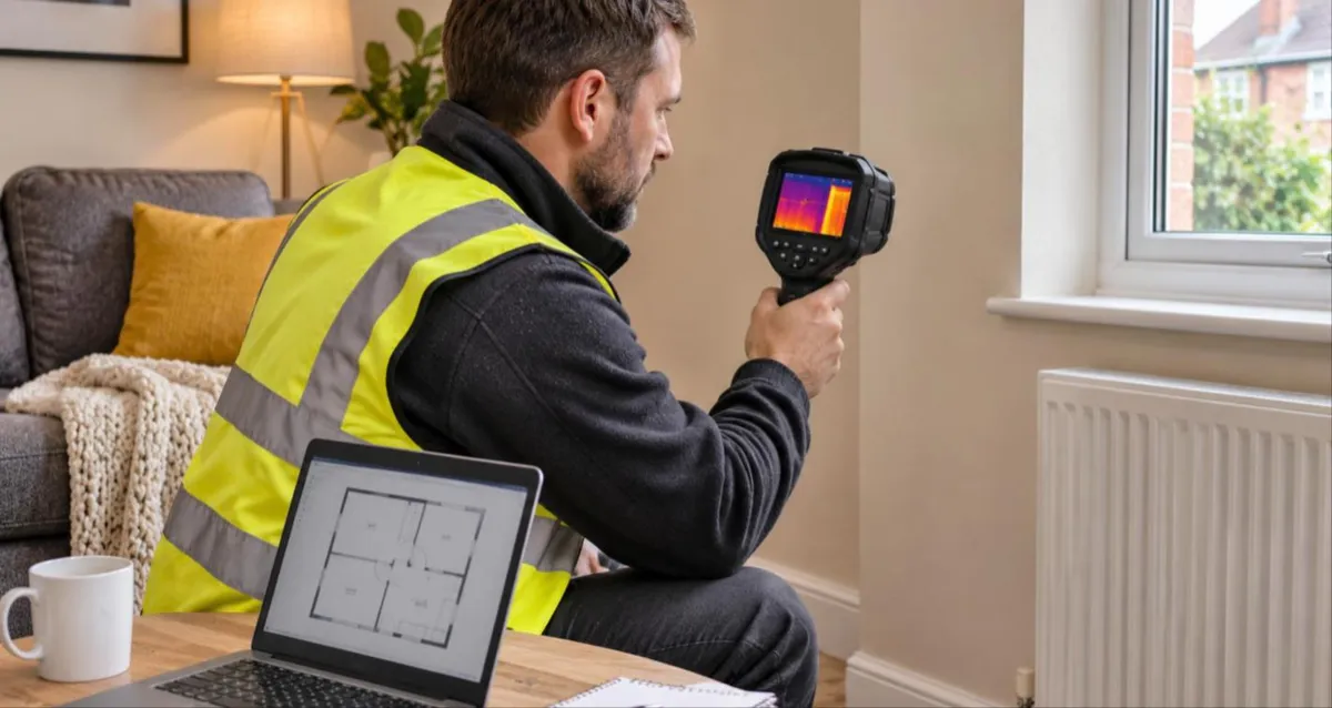 Retrofit assessor checking an external wall with a thermal imaging camera
