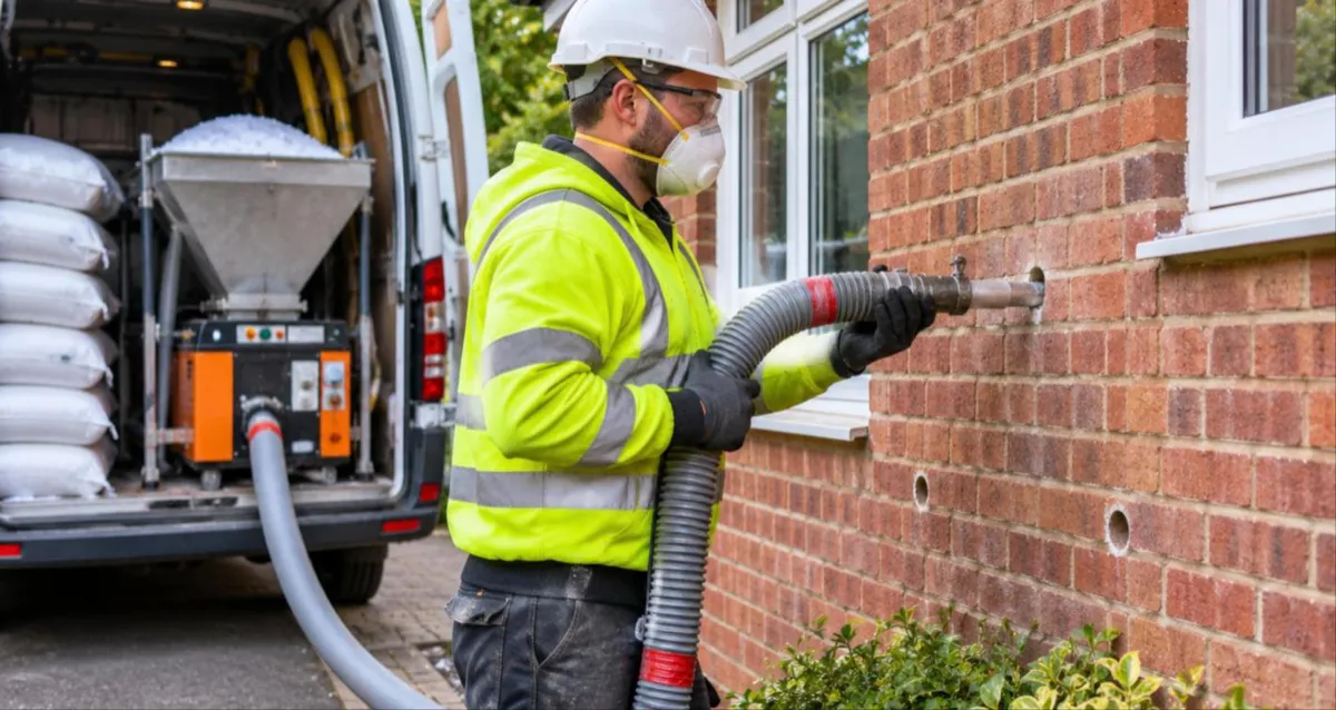 Installer blowing cavity wall insulation into a brick house from a van-mounted machine