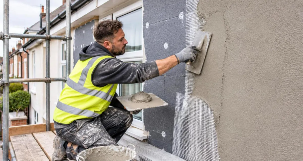 Plasterer rendering over external wall insulation boards and mesh from scaffolding