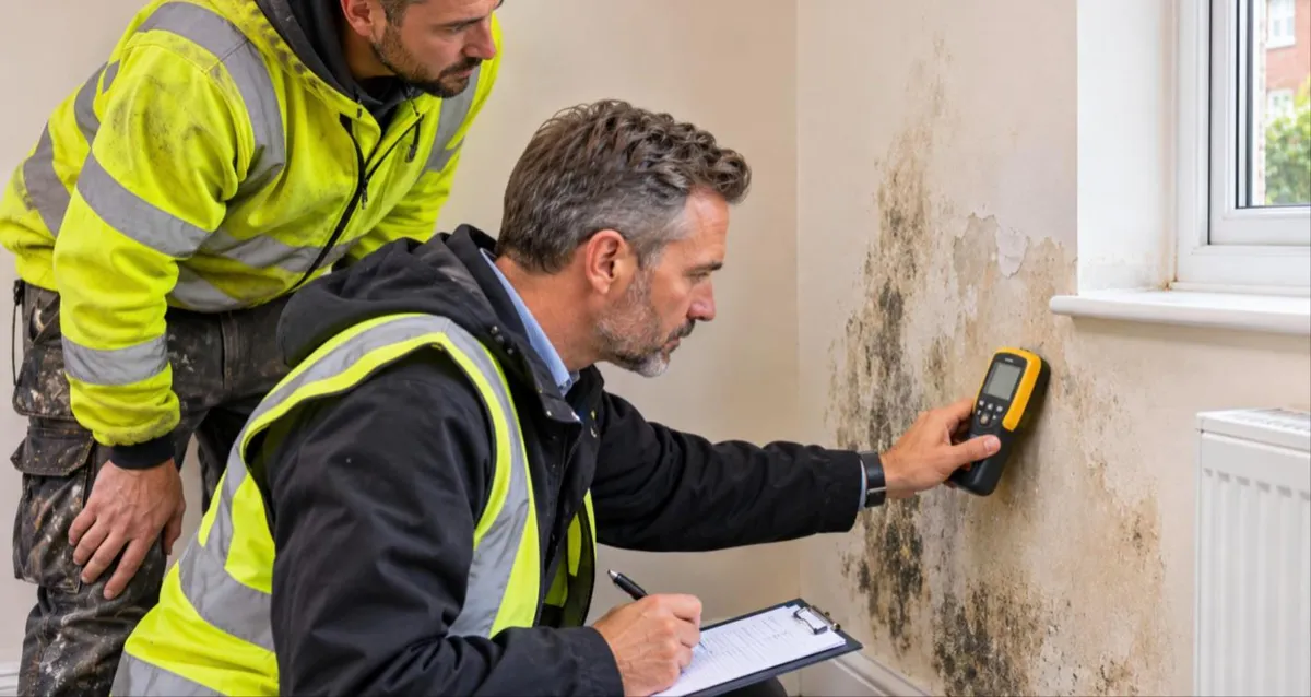 Surveyor checking damp and mould on an insulated wall with a moisture meter