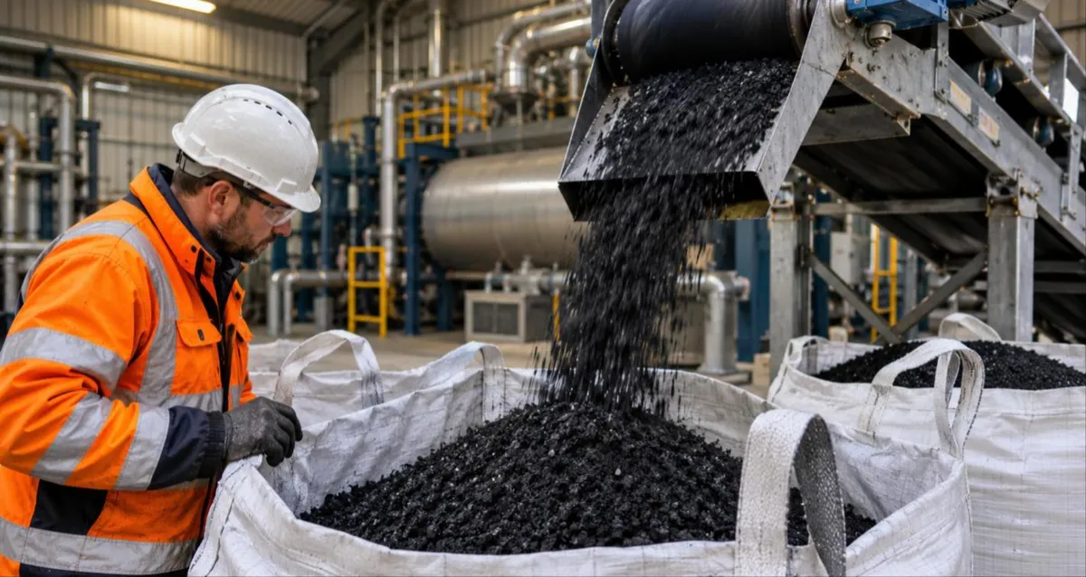 Conveyor filling bulk bags with biochar at a UK production plant