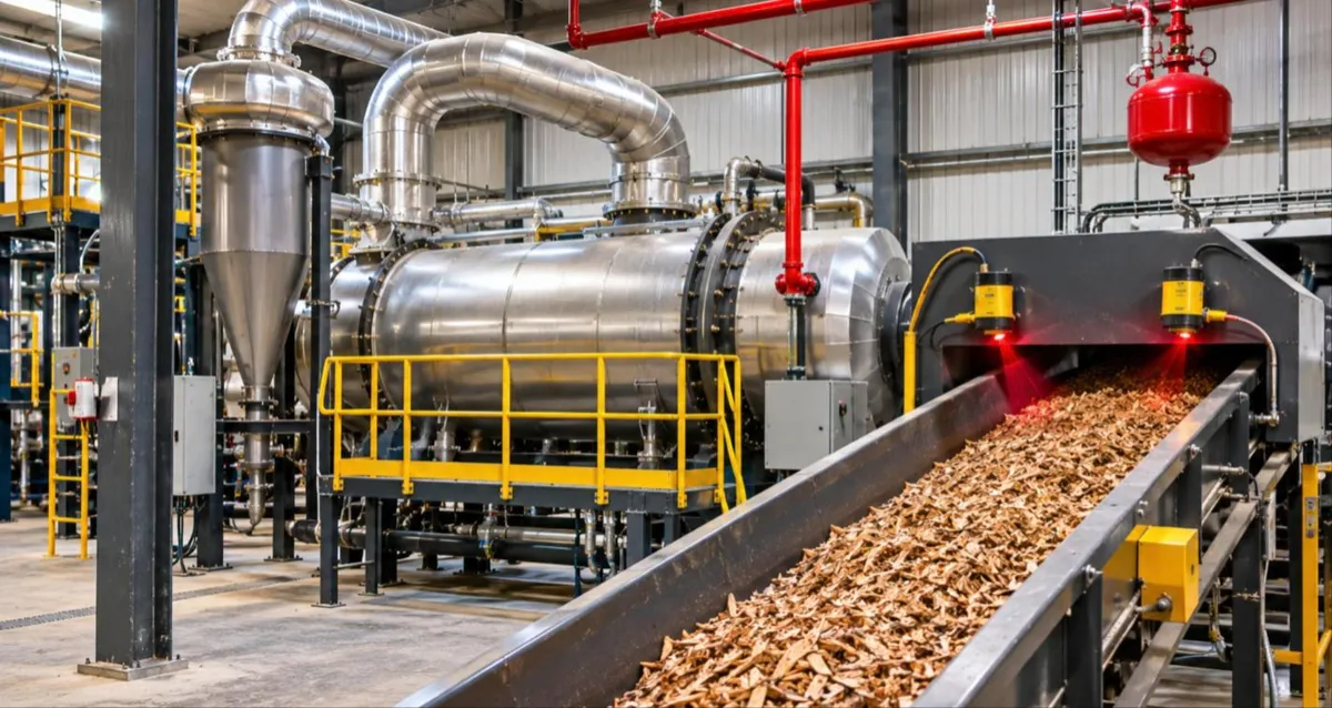 Pyrolysis reactor with fire suppression pipework and spark detection on the feed conveyor