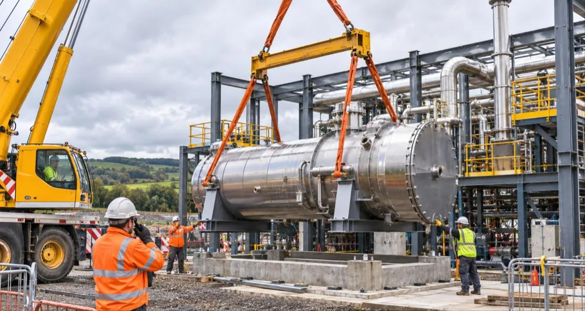 Crane lifting a reactor module into place on a carbon removal plant construction site