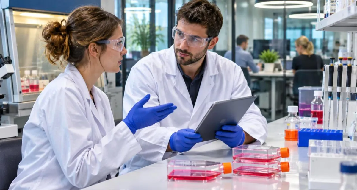 Two biotech start-up scientists reviewing results beside cell culture flasks