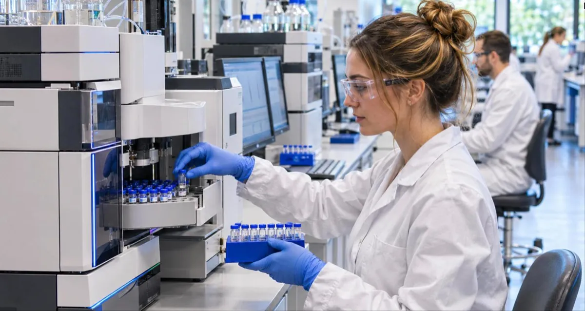 Technician loading sample vials into a chromatography autosampler in a testing laboratory