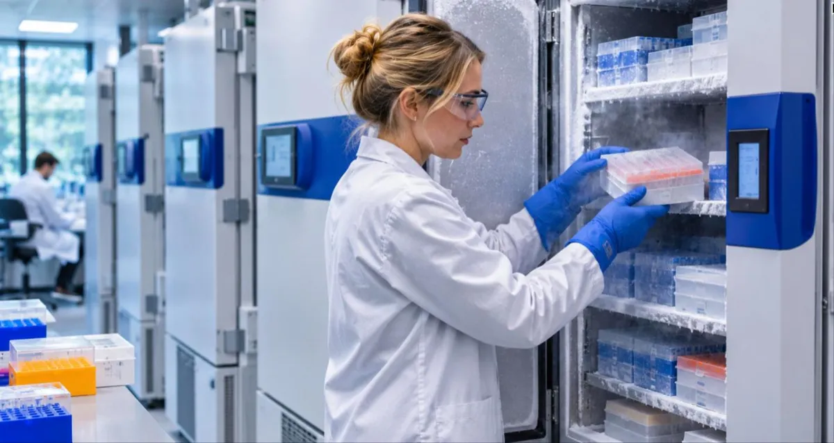 Technician removing sample boxes from an ultra-low temperature laboratory freezer