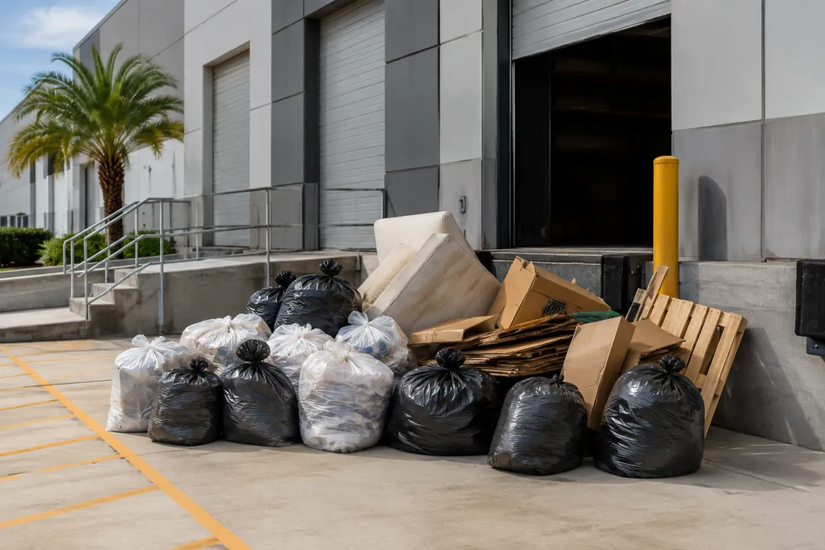 Commercial warehouse overflow waste ready for professional removal