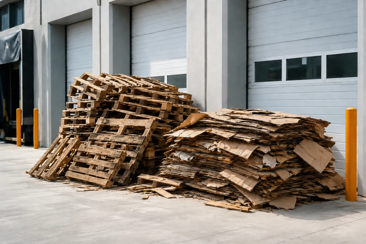 Broken pallets and discarded cardboard awaiting commercial removal