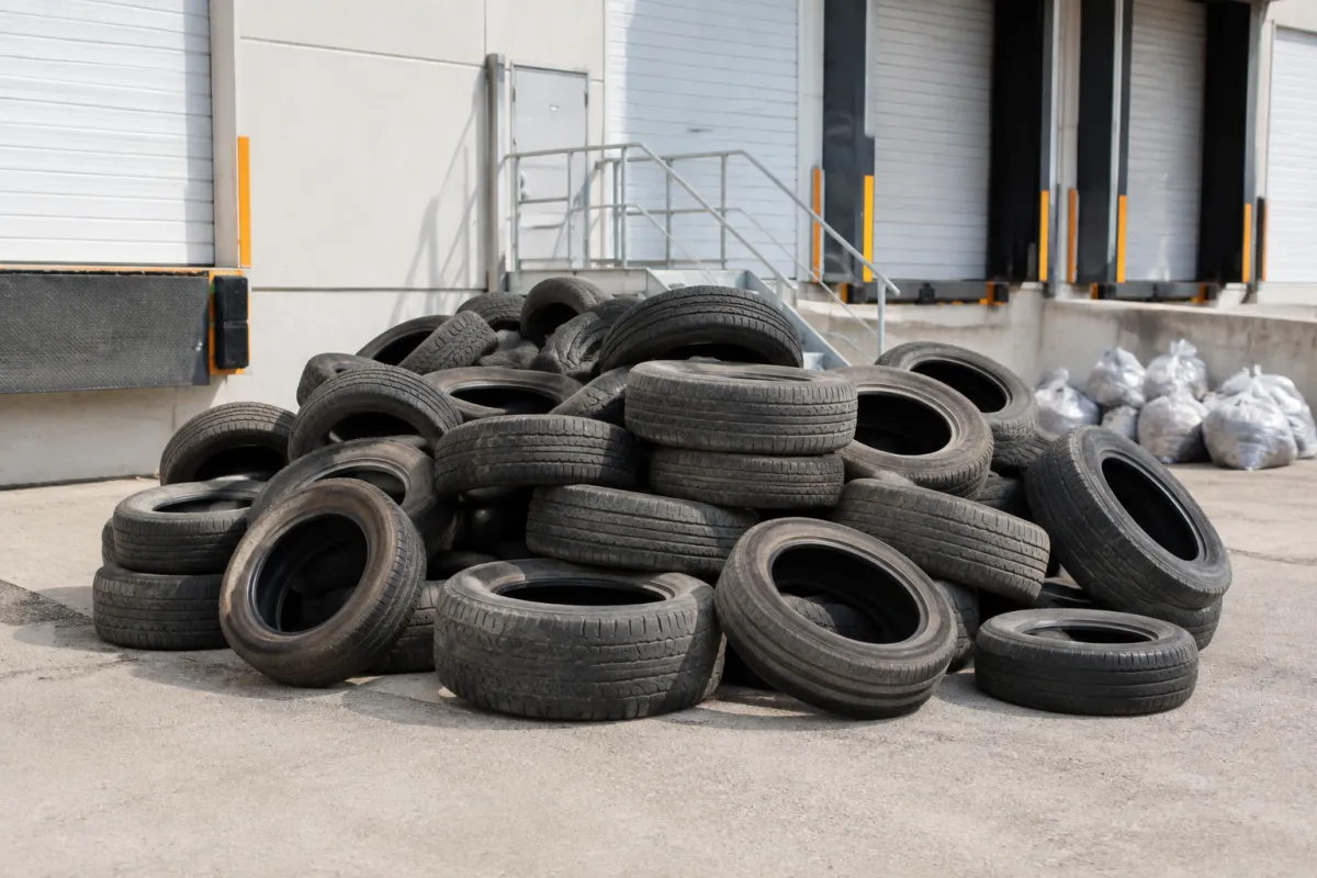 Used commercial waste tires ready for legal pickup and removal
