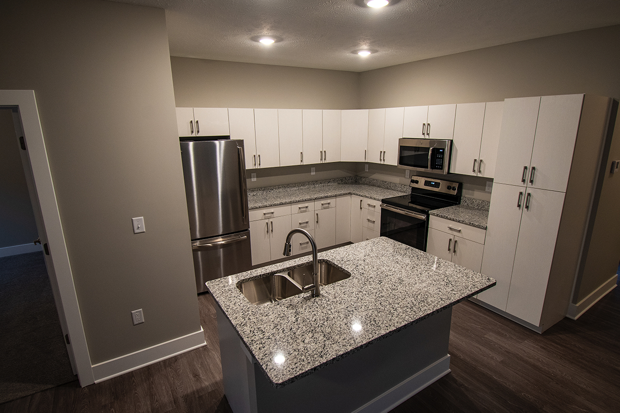 Modern white kitchen with wooden accent wall