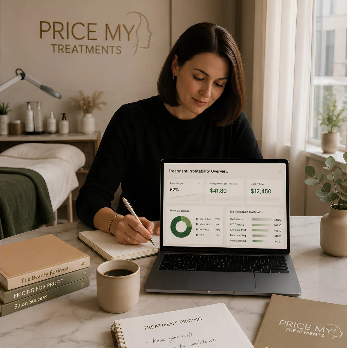 Professional salon owner reviewing business numbers in a modern clinic