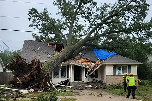 House with severe weather damage from a fallen tree, showing roof destruction, debris, and two restoration workers assessing the situation.
