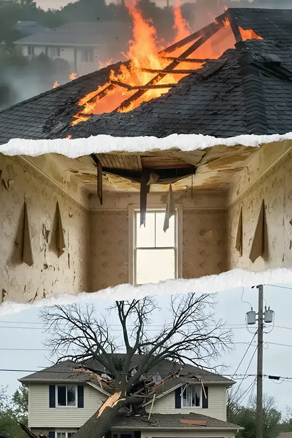 Composite image showing three types of severe home damage: a burning roof engulfed in flames, an interior room with a collapsed ceiling, and a large fallen tree crushing the roof of a two-story house