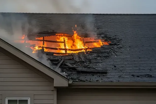 House roof with a large burn hole and active flames spreading across damaged shingles during a residential fire.