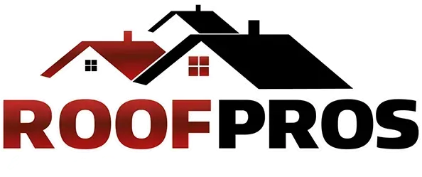 Roof Pros NW logo featuring stylized red and black house rooftops above bold red and black text.