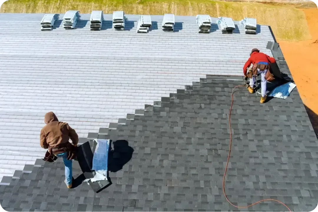 Roofing crew installing new asphalt shingles on a large residential roof during a full roof replacement.