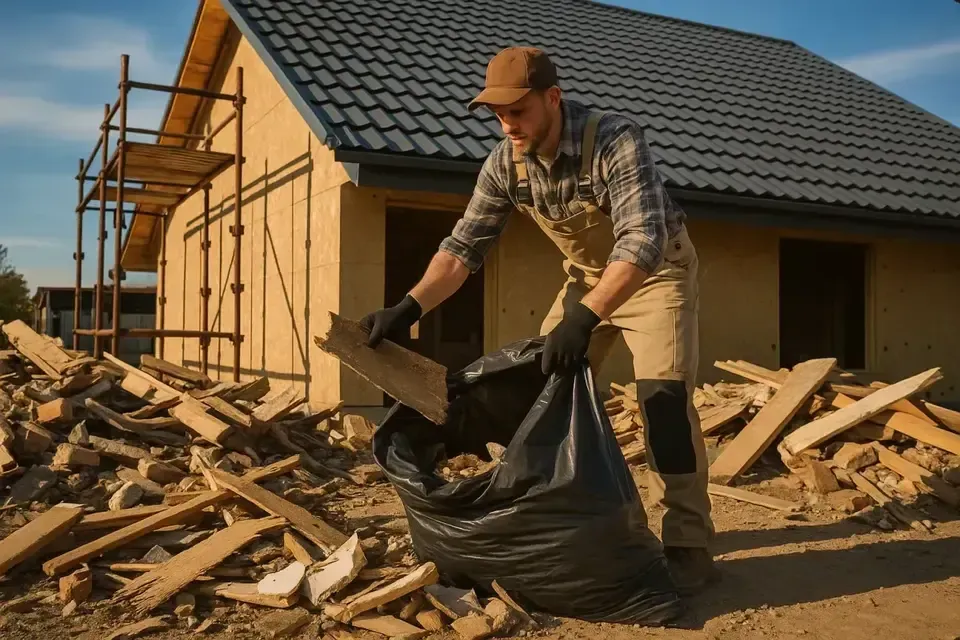 Worker cleaning construction debris around a newly built home after a roofing or remodeling project.