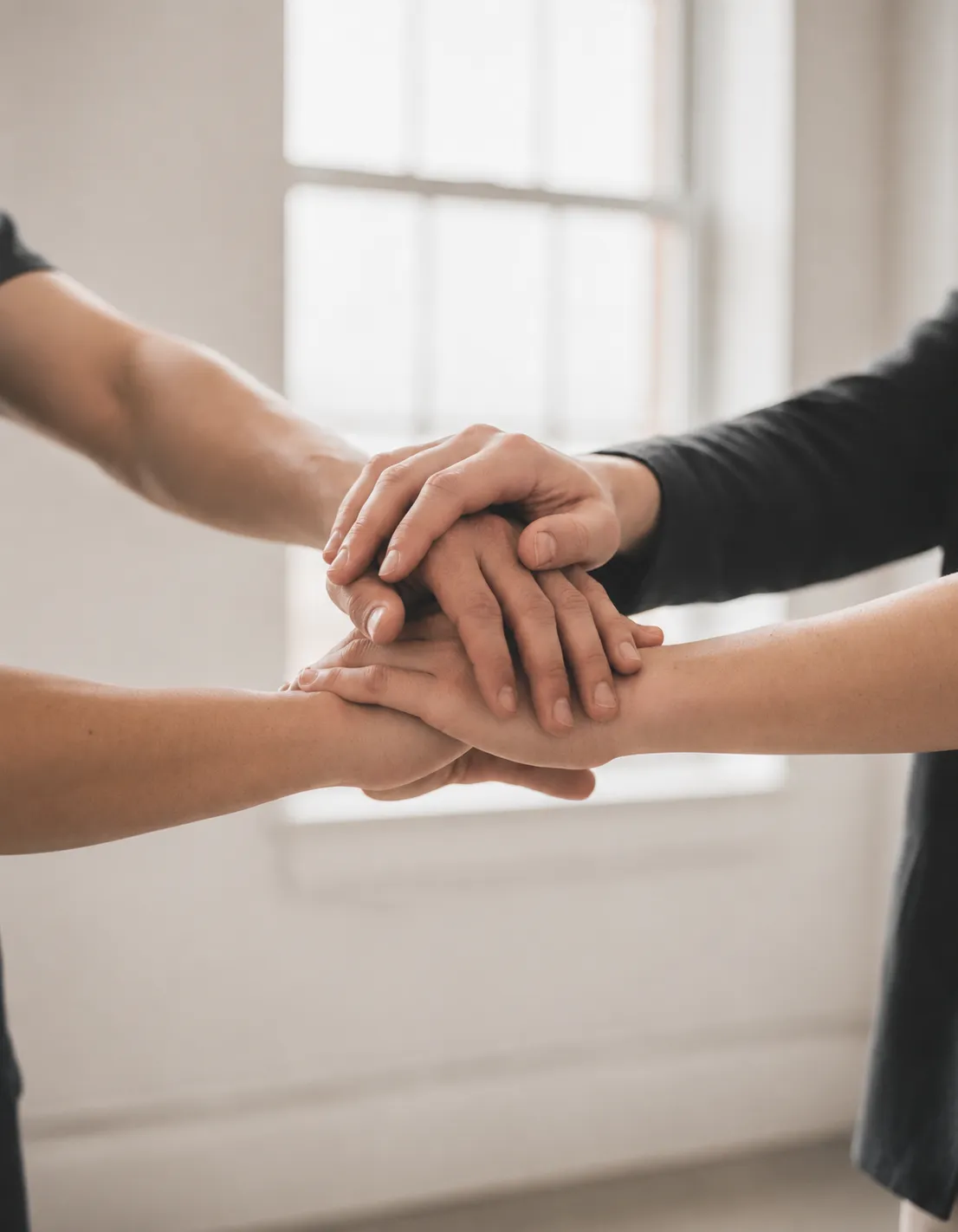 Editorial photo of hands joined in solidarity, representing a supportive community