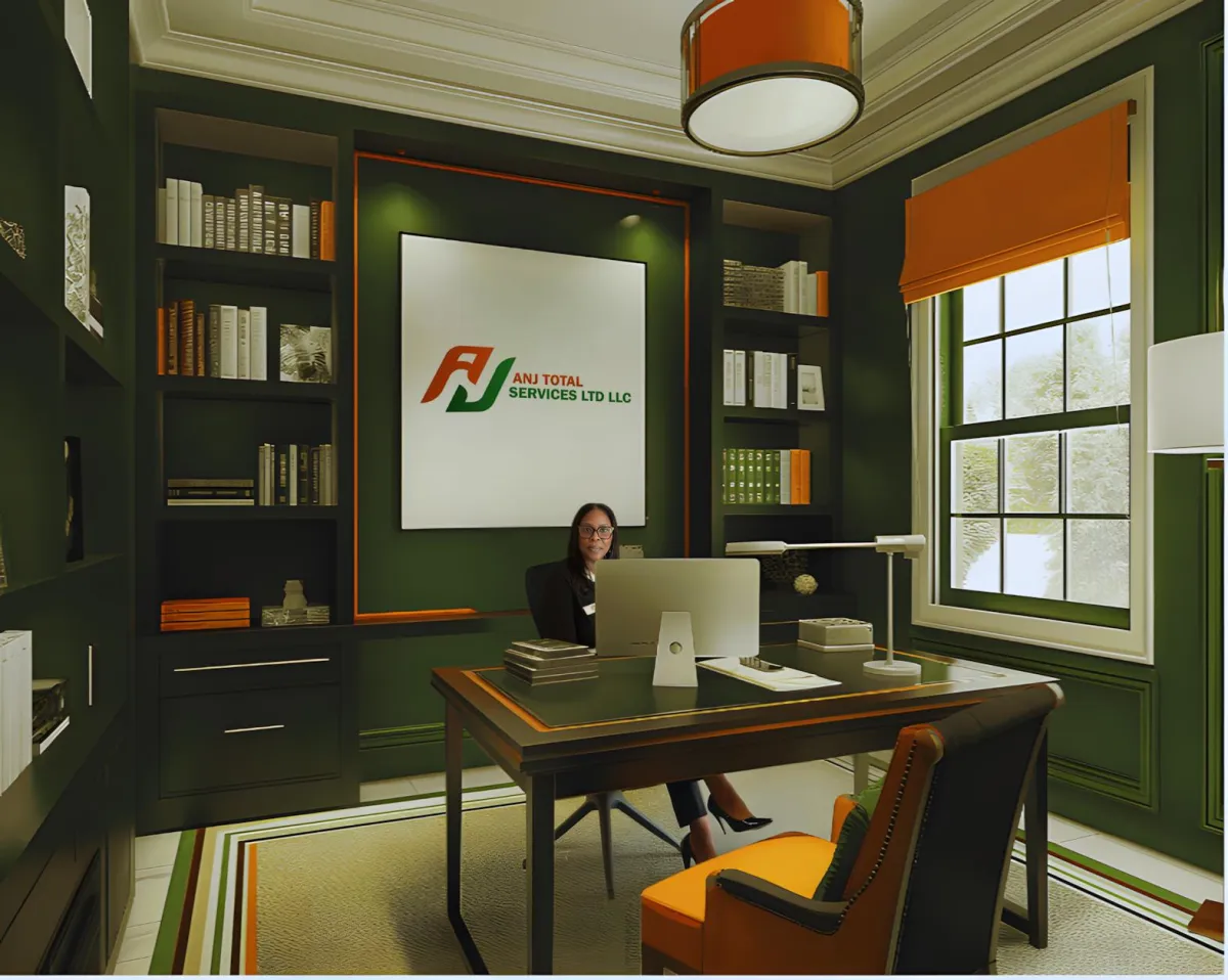 an aerial view of a building with blue and white umbrellas