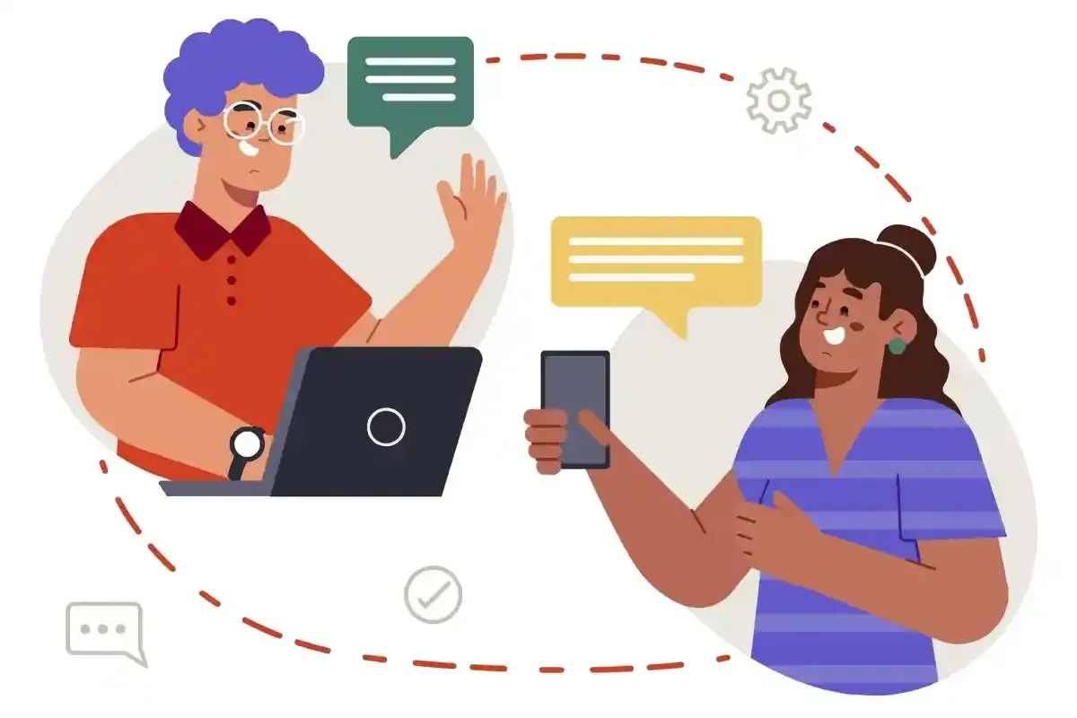 Flat illustration of a man on a laptop and a woman on a phone communicating through automated messaging bubbles.