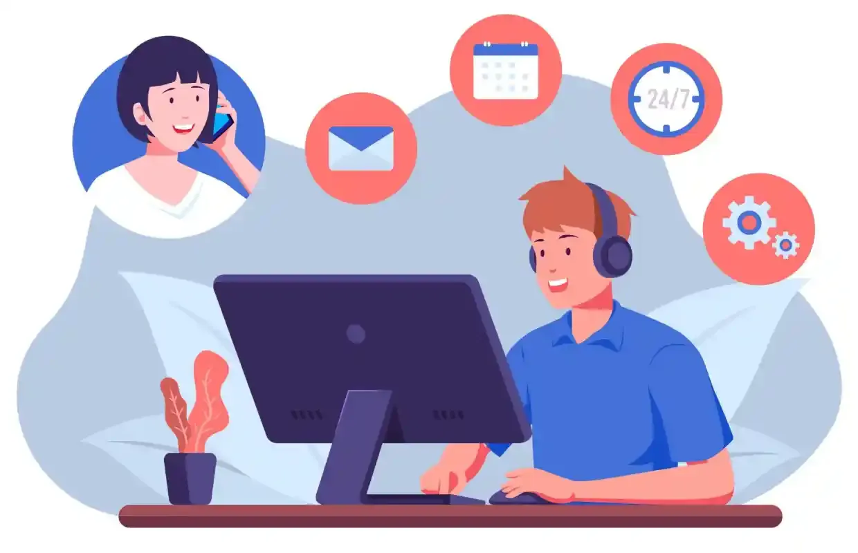 Illustration of a support agent with icons for 24/7 service, emails, and calendar sync for automated scheduling.