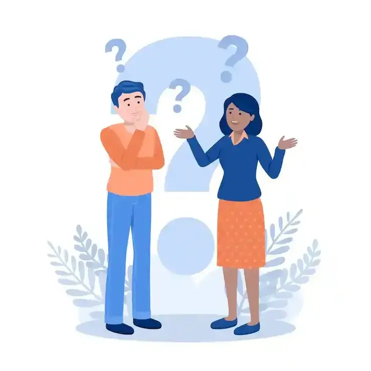A man and woman discussing ideas in front of a giant question mark, representing a brainstorming session or FAQ.