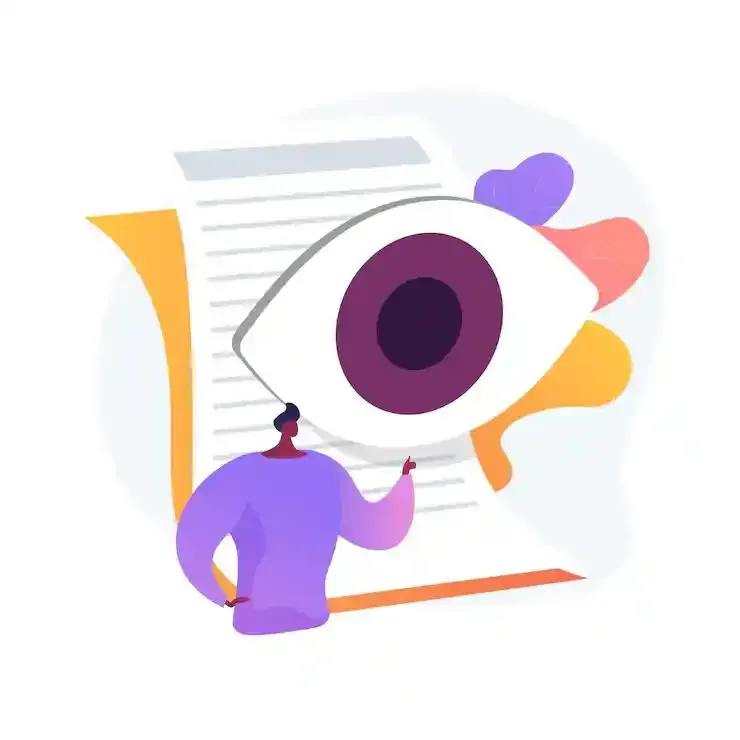 Vector illustration of a purple character pointing at a large eye over a document symbolising review and oversight.