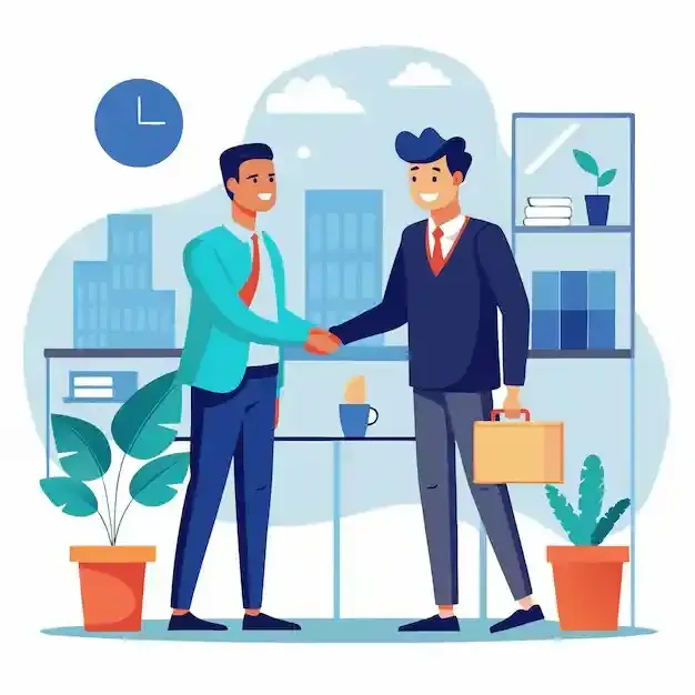 Two businessmen in professional attire shaking hands in a modern office setting with plants and city view background.
