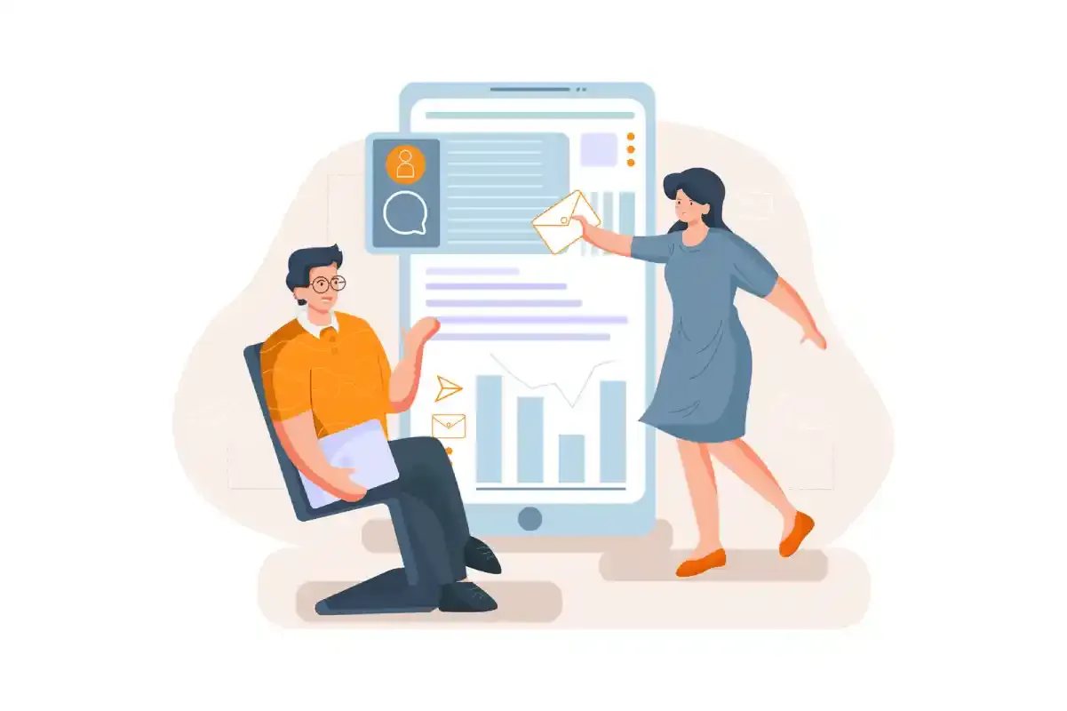 A man and woman manage digital communications and data analytics on a large smartphone screen in a modern illustration.