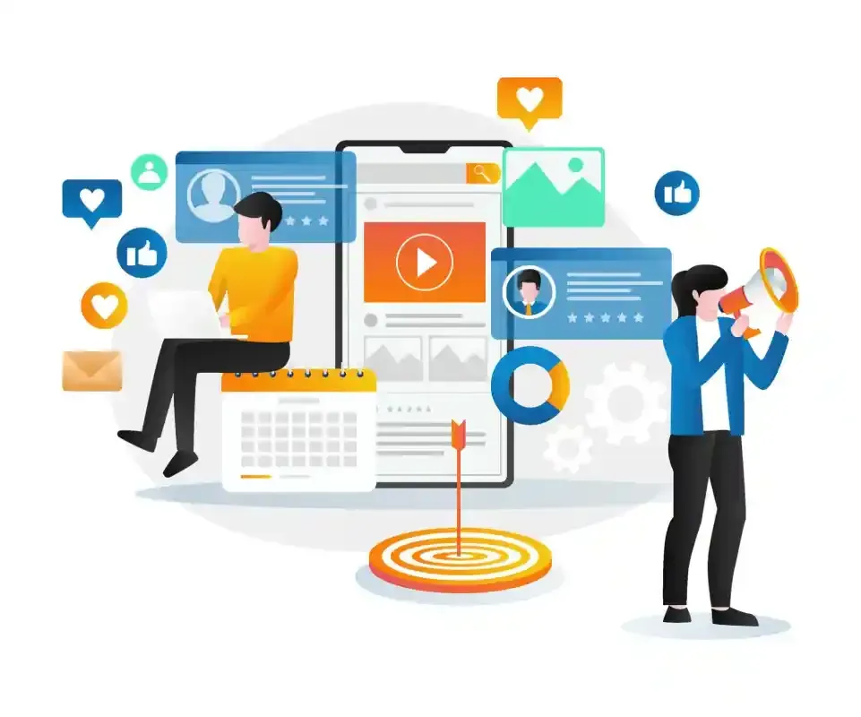 Social media marketing illustration featuring people managing content, engagement icons, and a digital target goal.