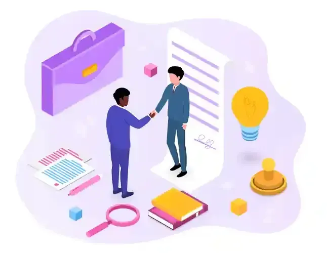 Isometric illustration of two businessmen shaking hands over a signed contract with a briefcase, bulb, and books.