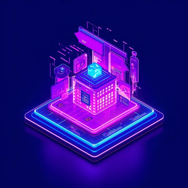 Neon isometric illustration of a digital data hub with floating screens and glowing components in pink and blue hues