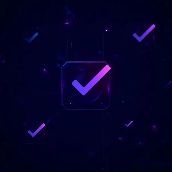 A glowing purple checkmark inside a rounded square icon, surrounded by additional faint checkmarks floating in a dark digital environment.