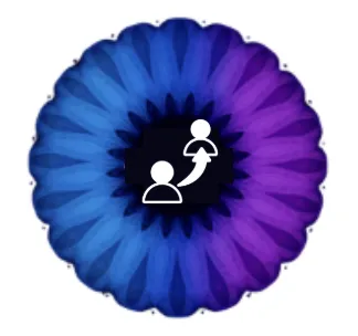 Blue and purple circle with two people in the middle as an icon.