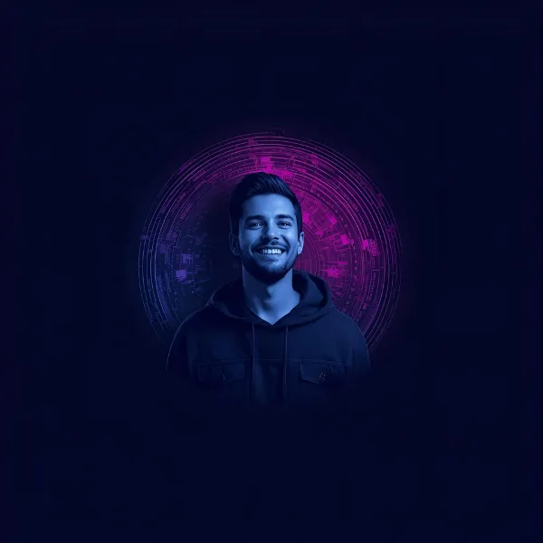 A young man smiling confidently, illuminated in blue and purple light, standing in front of a circular digital interface resembling a glowing tech halo