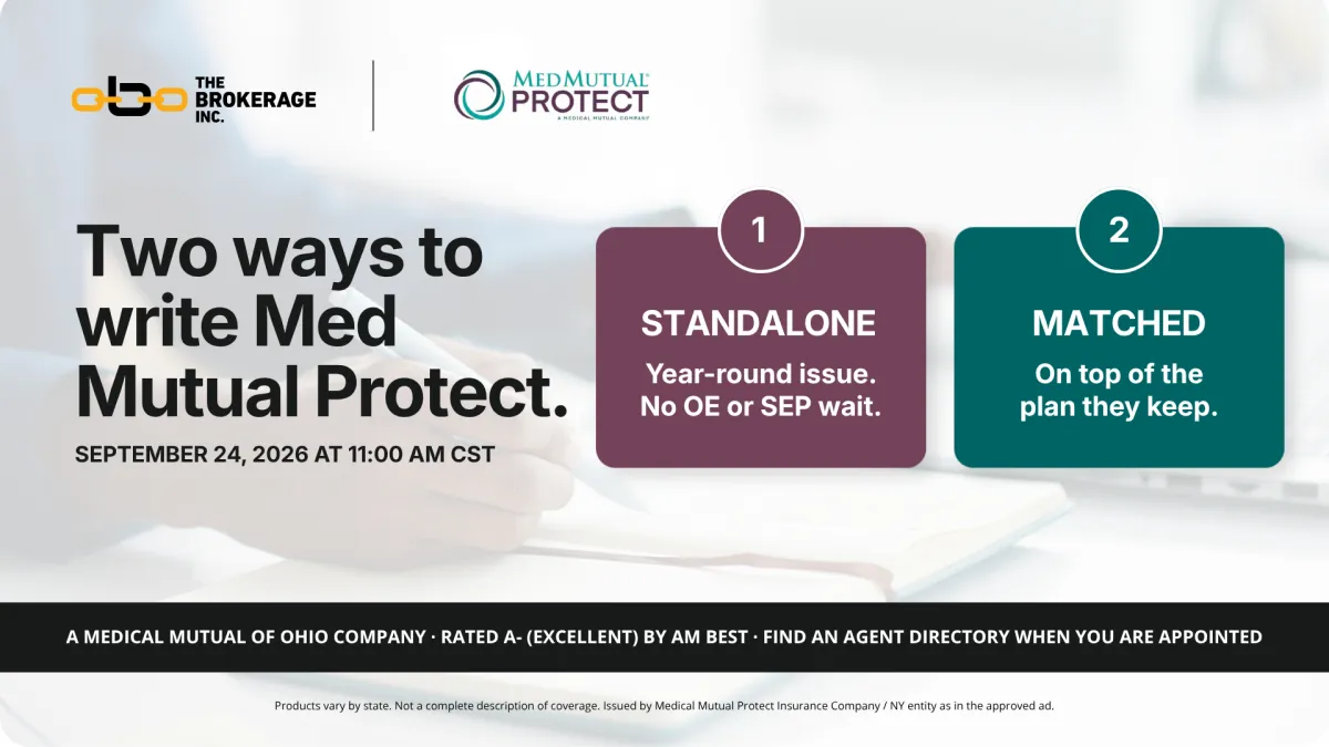 Med Mutual Protect ad: 'Lower the premium, cover the gap' with cash benefits paid directly to clients. Visual stack of MMP Benefits, The Gap, and What Their Plan Covers.