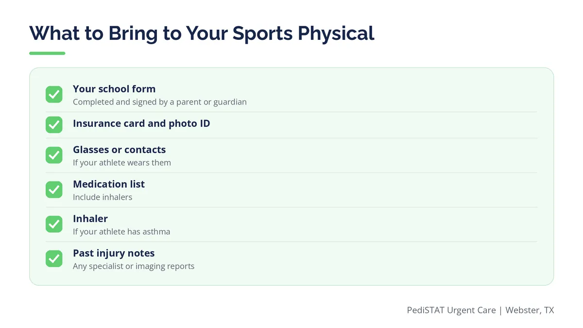 Checklist graphic of items to bring to a sports physical appointment, including the UIL form, insurance card, and medication list