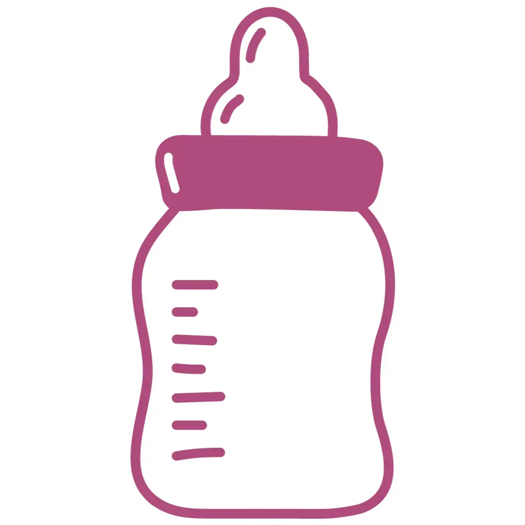 Illustration of a baby bottle with a soft, rounded shape and a pink cap, featuring measurement markings on the side.
