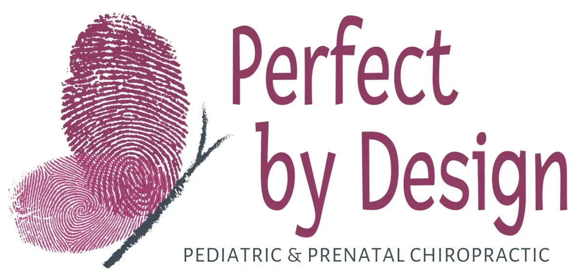 Logo with a pink fingerprint butterfly, "Perfect by Design" in pink text, and "Pediatric & Prenatal Chiropractic" in gray below.