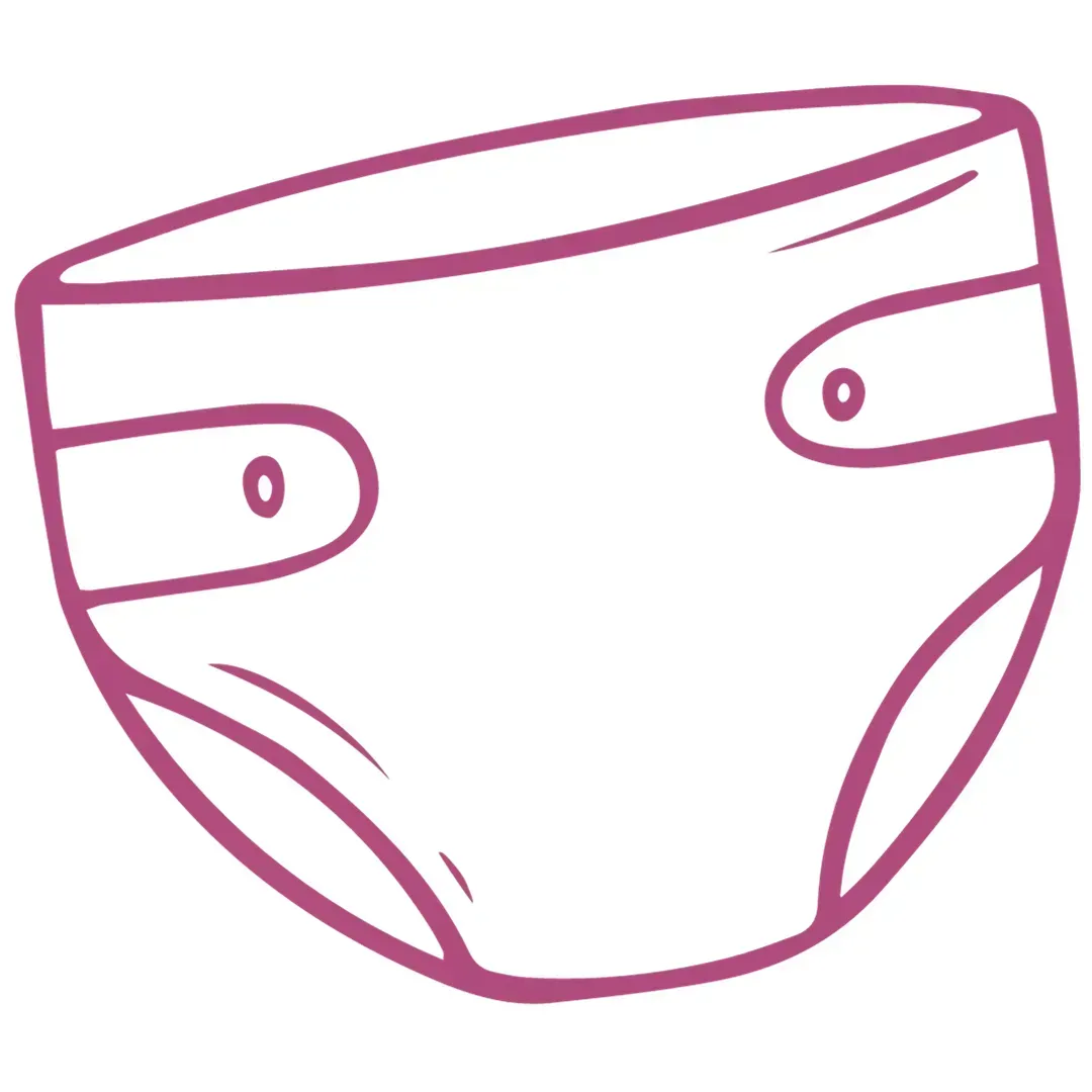 A simple line drawing of a white diaper with pink accents, featuring two side panels and small fastening points.
