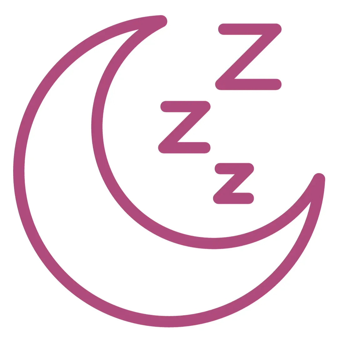 Simple pink outline of a crescent moon with three "Z" symbols above, representing sleep or dreaming.