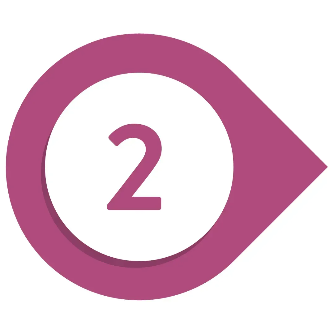 A white circle with the number 2 in the center, surrounded by a larger magenta circular shape with a pointed edge on the right side.