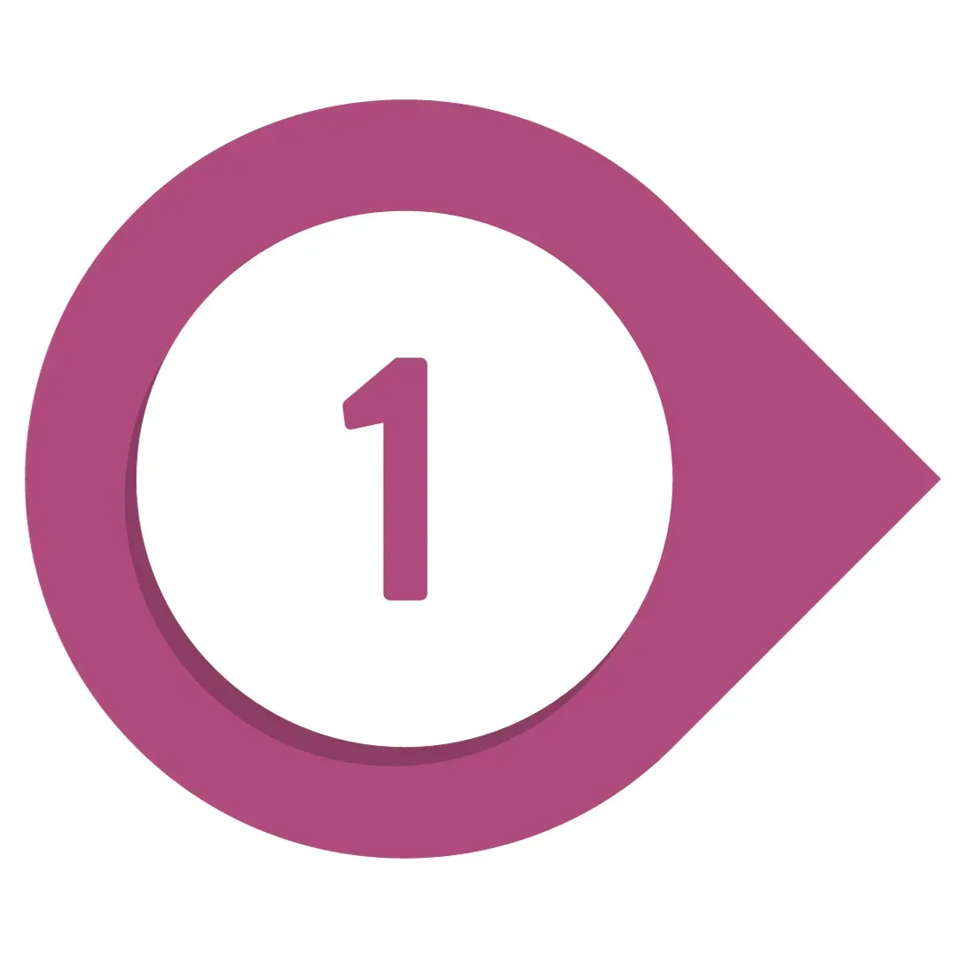 A white circle with the number 1 in the center, surrounded by a larger magenta circular shape with a pointed edge on the right side.